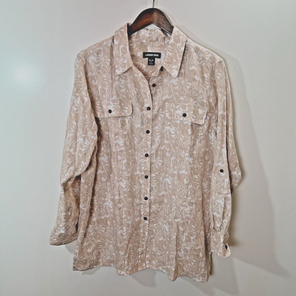Lands End Womens Linen Blouse XL P 18 Resort Hawaiian Breathable Lightweight